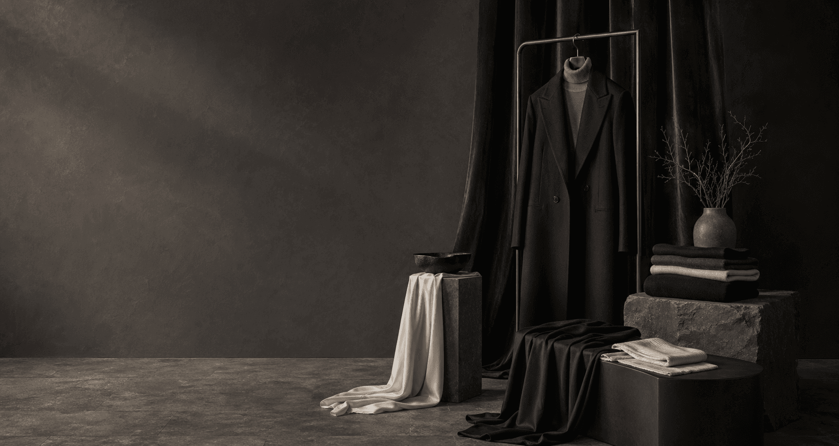 Luxury clothing campaign with tailored garments in graphite and forest green tones